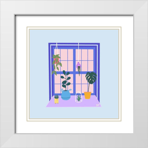 Blue Indoor Garden White Modern Wood Framed Art Print with Double Matting by Amaya