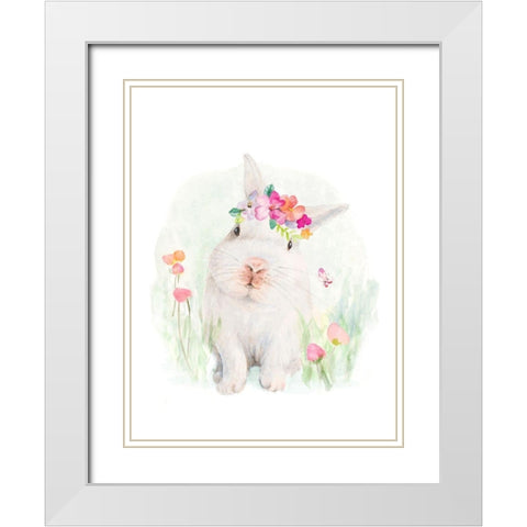 White Bunny With Flower Bonnet White Modern Wood Framed Art Print with Double Matting by Loreth, Lanie