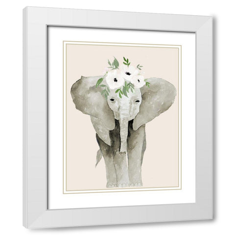Floral Crowned Elephant White Modern Wood Framed Art Print with Double Matting by Price, Lucille