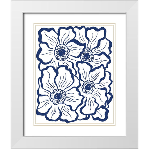 Navy Floral Linocut I White Modern Wood Framed Art Print with Double Matting by Medley, Elizabeth