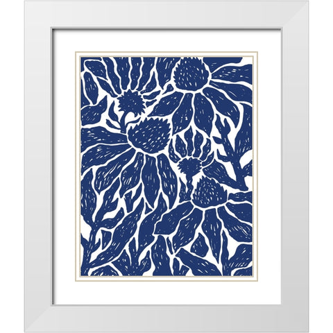 Navy Floral Linocut II White Modern Wood Framed Art Print with Double Matting by Medley, Elizabeth