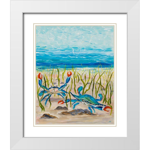 Blue Crabs White Modern Wood Framed Art Print with Double Matting by DeRice, Julie
