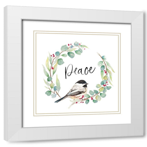Peace Eucalyptus Wreath and Chickadee White Modern Wood Framed Art Print with Double Matting by Pinto, Patricia