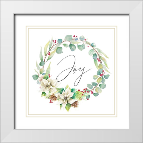 Joy Poinsettia and Eucalyptus Wreath White Modern Wood Framed Art Print with Double Matting by Pinto, Patricia