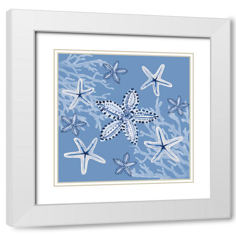 Indigo Dots Starfish Seascape White Modern Wood Framed Art Print with Double Matting by Loreth, Lanie