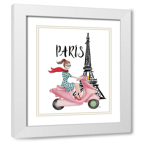 Paris By Moped White Modern Wood Framed Art Print with Double Matting by Medley, Elizabeth