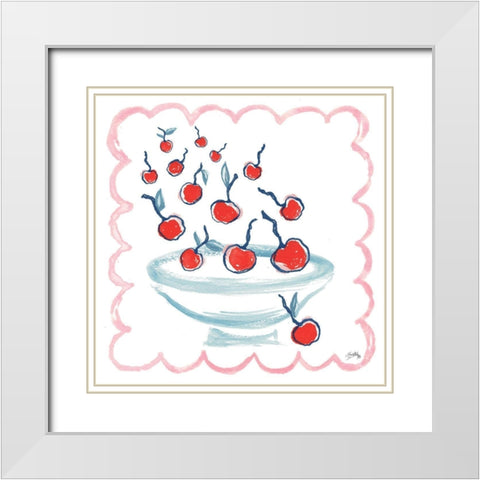 Bowl Full Of Cherries White Modern Wood Framed Art Print with Double Matting by Medley, Elizabeth