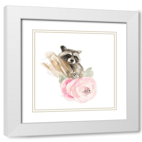 Raccoon on Branch II White Modern Wood Framed Art Print with Double Matting by Loreth, Lanie