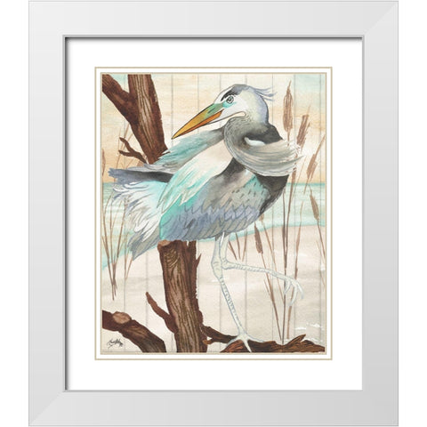 Heron On Branch II White Modern Wood Framed Art Print with Double Matting by Medley, Elizabeth