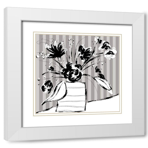 Floral Arrangement On Stripes White Modern Wood Framed Art Print with Double Matting by Mosher, Deidre