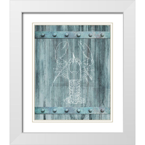 White Lobster Painted On Blue Wood White Modern Wood Framed Art Print with Double Matting by Meneely, Dan