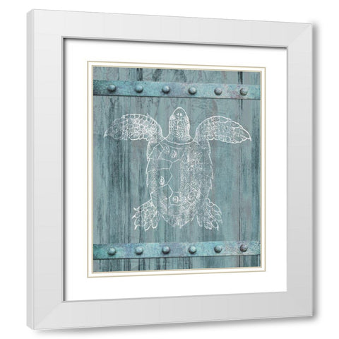 White Turtle Painted On Blue Wood White Modern Wood Framed Art Print with Double Matting by Meneely, Dan