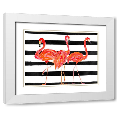 Fondly Flamingo Trio on Stripe White Modern Wood Framed Art Print with Double Matting by DeRice, Julie