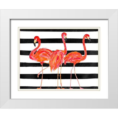 Fondly Flamingo Trio on Stripe White Modern Wood Framed Art Print with Double Matting by DeRice, Julie