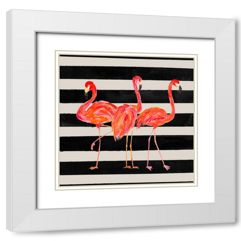Fondly Flamingo Trio Square on Stripe White Modern Wood Framed Art Print with Double Matting by DeRice, Julie
