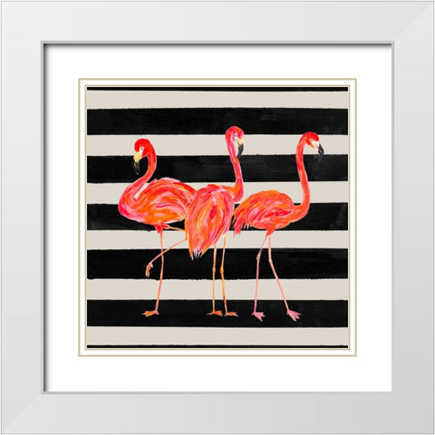 Fondly Flamingo Trio Square on Stripe White Modern Wood Framed Art Print with Double Matting by DeRice, Julie