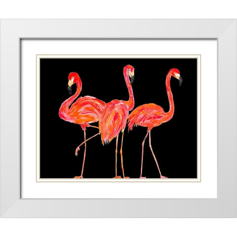 Trio of Flamingos on Black White Modern Wood Framed Art Print with Double Matting by DeRice, Julie