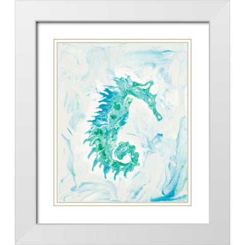 Teal Seahorse White Modern Wood Framed Art Print with Double Matting by Grace, Ajoya