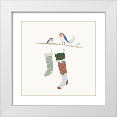 Blue Birds of Christmas Happiness I White Modern Wood Framed Art Print with Double Matting by Sheppard, Lucca