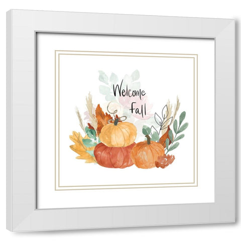Welcome Fall Pumpkin Bouquet White Modern Wood Framed Art Print with Double Matting by Price, Lucille