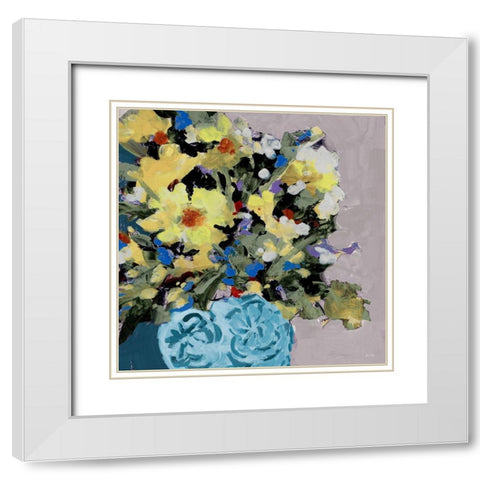 Yellow Daisies in Blue Vase White Modern Wood Framed Art Print with Double Matting by Slivka, Jane