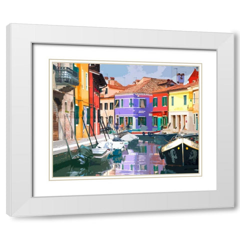 Burano Village White Modern Wood Framed Art Print with Double Matting by Lake, Shelley