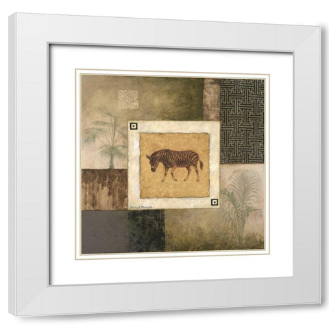 Zebra Woodcut White Modern Wood Framed Art Print with Double Matting by Marcon, Michael