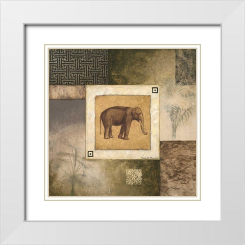 Elephant Woodcut White Modern Wood Framed Art Print with Double Matting by Marcon, Michael