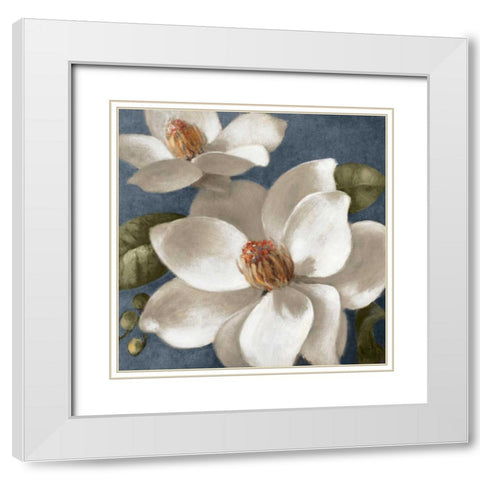 Magnolias on Blue I White Modern Wood Framed Art Print with Double Matting by Loreth, Lanie