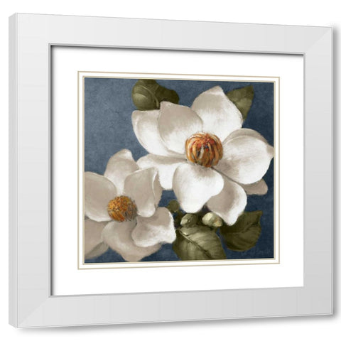 Magnolias on Blue II White Modern Wood Framed Art Print with Double Matting by Loreth, Lanie