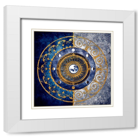 Gold and Sapphire Moon Dial I White Modern Wood Framed Art Print with Double Matting by Marcon, Michael