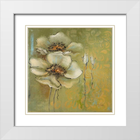 The Green Flowers I White Modern Wood Framed Art Print with Double Matting by Pinto, Patricia