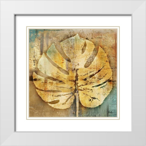 Gold Leaves I White Modern Wood Framed Art Print with Double Matting by Pinto, Patricia