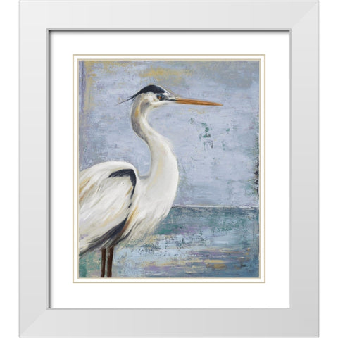 Blue Heron on Blue I White Modern Wood Framed Art Print with Double Matting by Pinto, Patricia