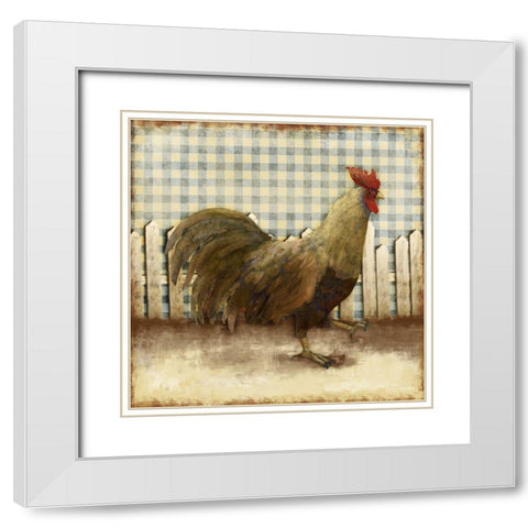 Rooster on Damask I White Modern Wood Framed Art Print with Double Matting by Meneely, Dan