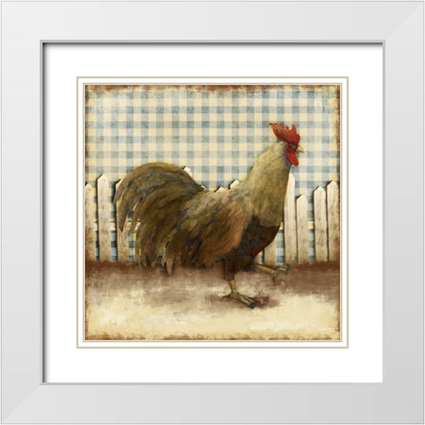 Rooster on Damask I White Modern Wood Framed Art Print with Double Matting by Meneely, Dan