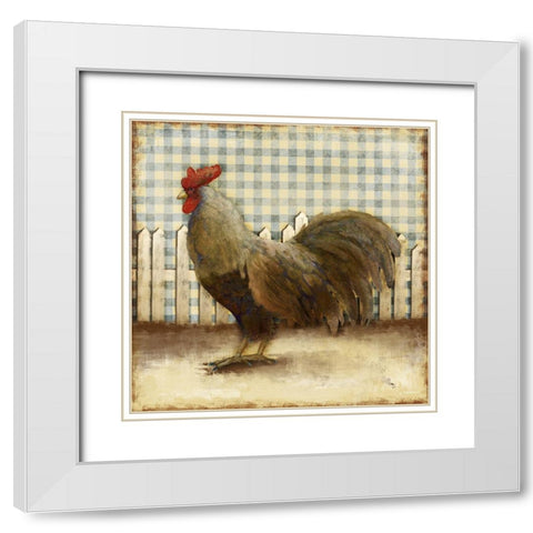 Rooster on Damask II White Modern Wood Framed Art Print with Double Matting by Meneely, Dan