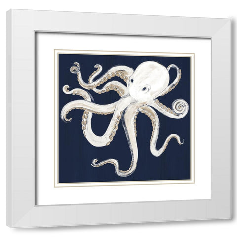 Octopus On Dark Blue White Modern Wood Framed Art Print with Double Matting by Ritter, Gina