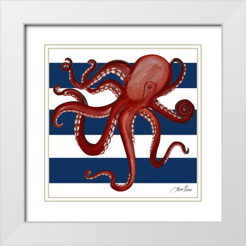 Red Octopus on Navy Stripes White Modern Wood Framed Art Print with Double Matting by Ritter, Gina