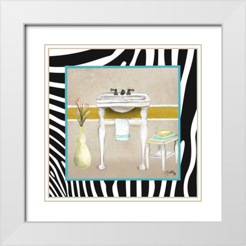 Zebra Bath I White Modern Wood Framed Art Print with Double Matting by Medley, Elizabeth