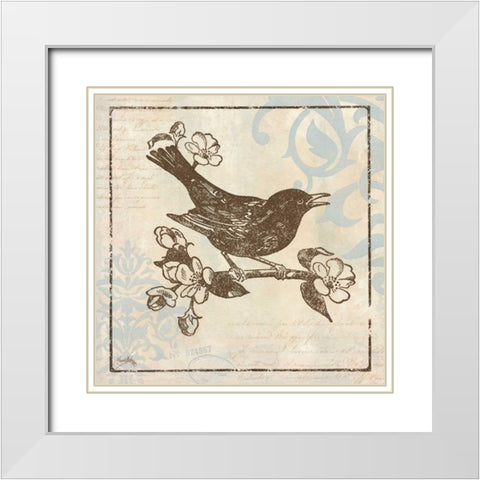 Bird Woodcut I White Modern Wood Framed Art Print with Double Matting by Medley, Elizabeth