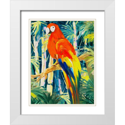 Parrots in Tropics I White Modern Wood Framed Art Print with Double Matting by Slivka, Jane