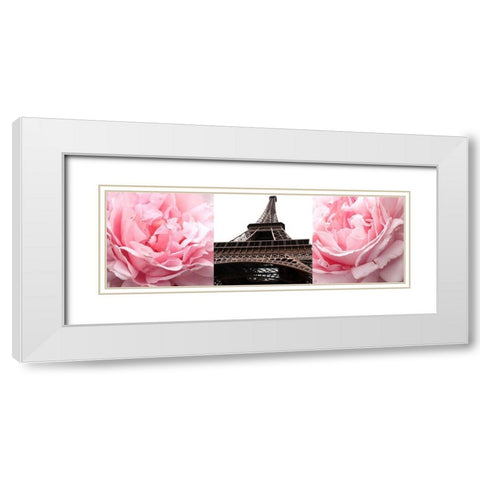 Pink Roses Eiffel Tower White Modern Wood Framed Art Print with Double Matting by Navas, Emily