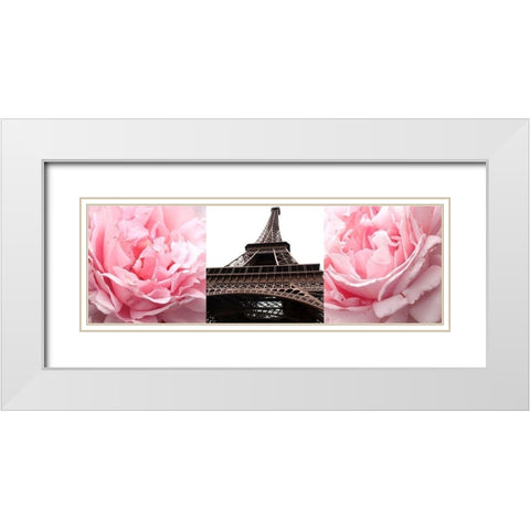 Pink Roses Eiffel Tower White Modern Wood Framed Art Print with Double Matting by Navas, Emily
