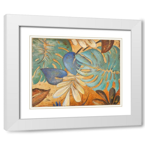 Gold and Aqua Leaves I White Modern Wood Framed Art Print with Double Matting by Pinto, Patricia