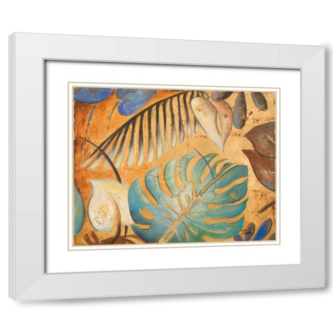 Gold and Aqua Leaves I White Modern Wood Framed Art Print with Double Matting by Pinto, Patricia