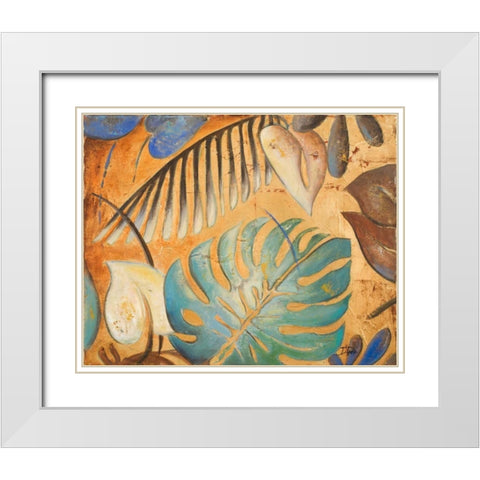 Gold and Aqua Leaves I White Modern Wood Framed Art Print with Double Matting by Pinto, Patricia