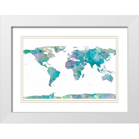 World Map Watercolor White Modern Wood Framed Art Print with Double Matting by SD Graphics Studio