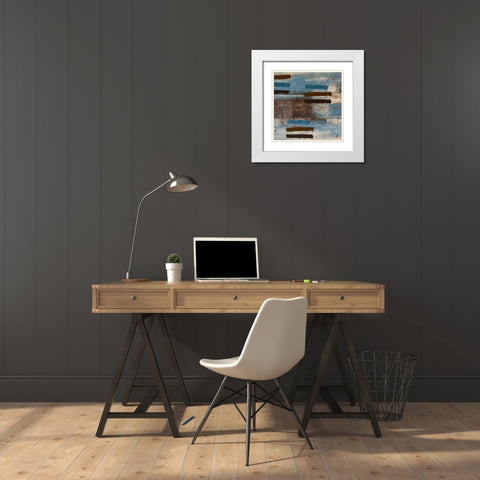 Blue Bared Abstract Square I White Modern Wood Framed Art Print with Double Matting by Marcon, Michael