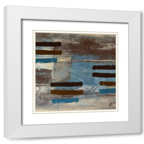 Blue Bared Abstract Square II White Modern Wood Framed Art Print with Double Matting by Marcon, Michael
